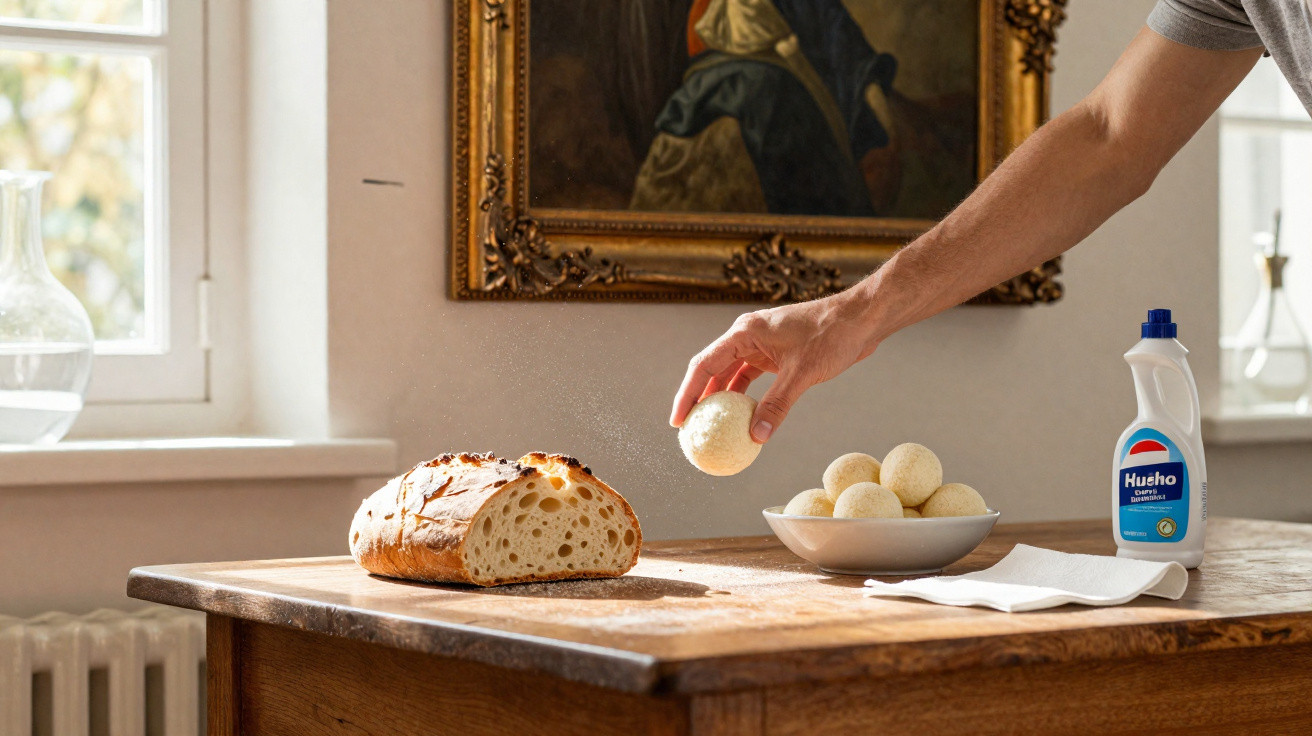 Mão a apanhar pão de queijo numa tigela, pão cortado e frasco de detergente sobre mesa de madeira.