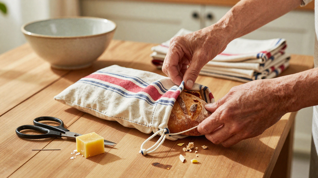 Mãos a guardar pão numa bolsa reutilizável num ambiente de cozinha com mesa de madeira e utensílios.