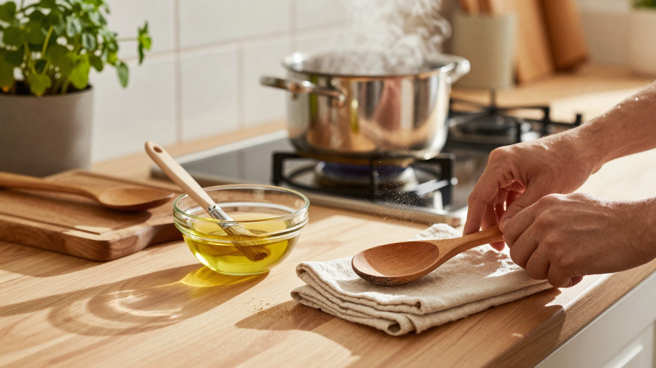 Pessoa a polvilhar farinha numa colher de pau sobre um pano de cozinha, com tacho a ferver no fogão.