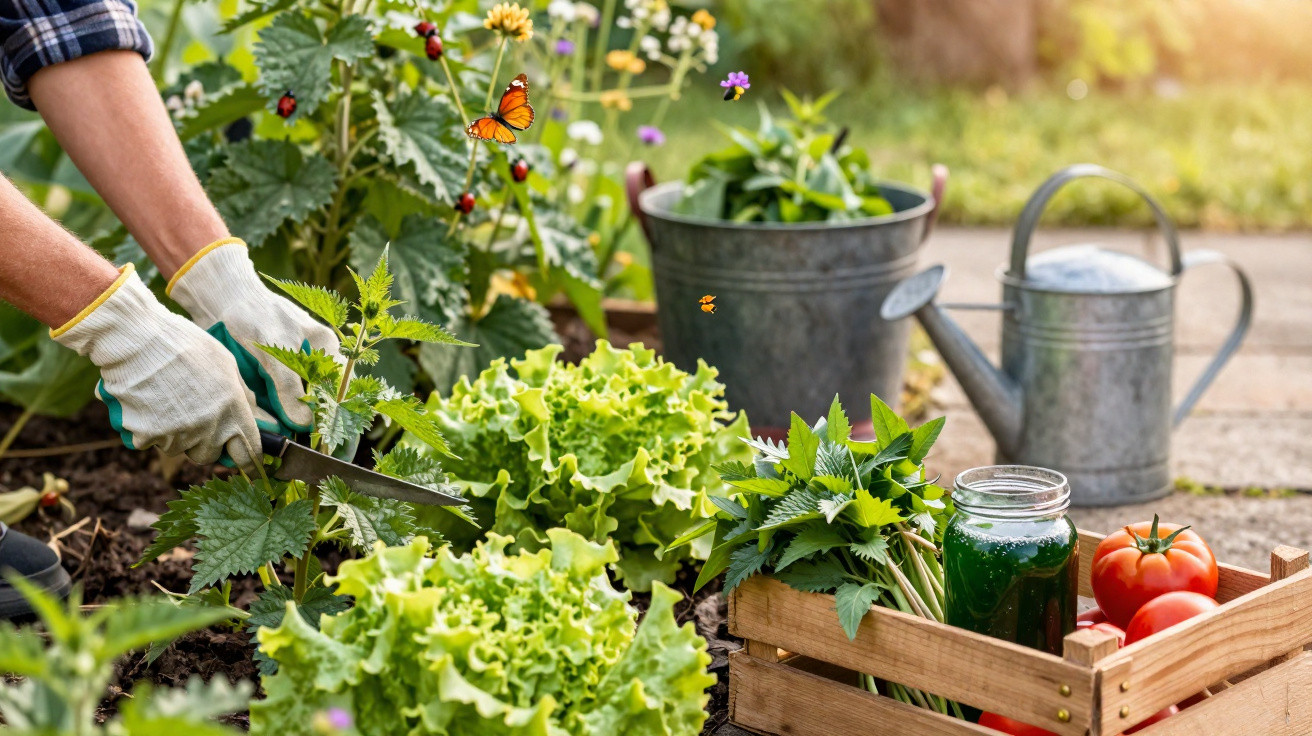 Pessoa a cortar plantas num jardim com alfaces, tomates, regador e jarro de vidro com sumo verde.