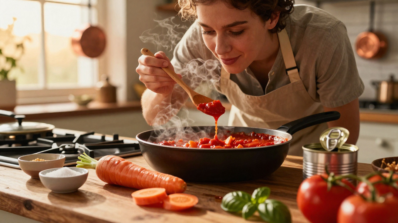 Pessoa a cozinhar molho de tomate numa frigideira numa cozinha com legumes frescos à volta.