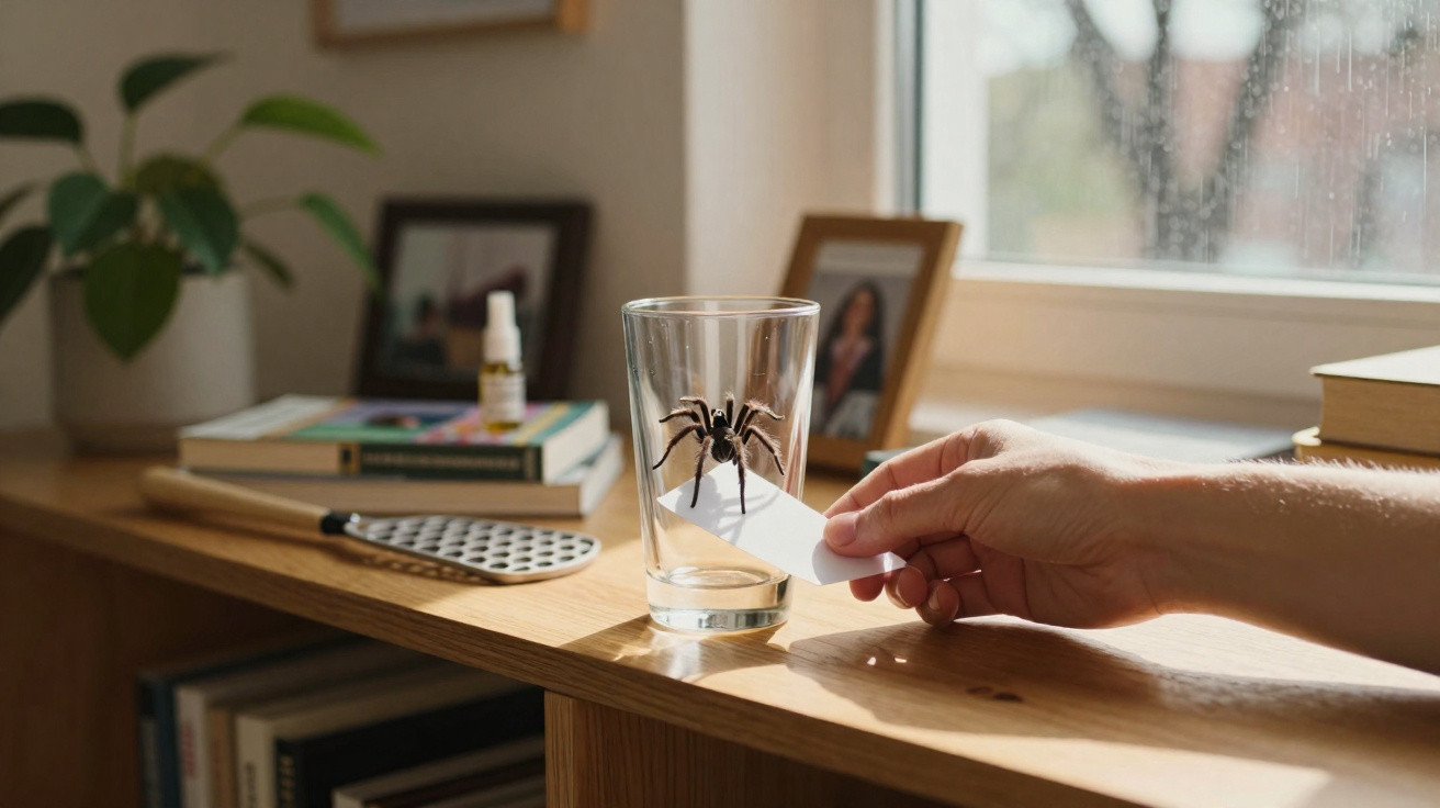 Aranha presa num copo de vidro sobre uma mesa de madeira, com uma mão a colocar um papel por baixo.