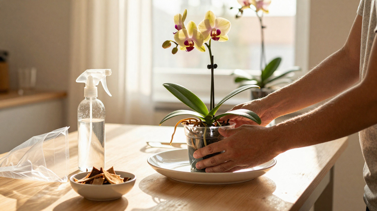 Pessoa a cuidar de orquídea amarela numa sala iluminada, com regador e prato sobre a mesa de madeira.