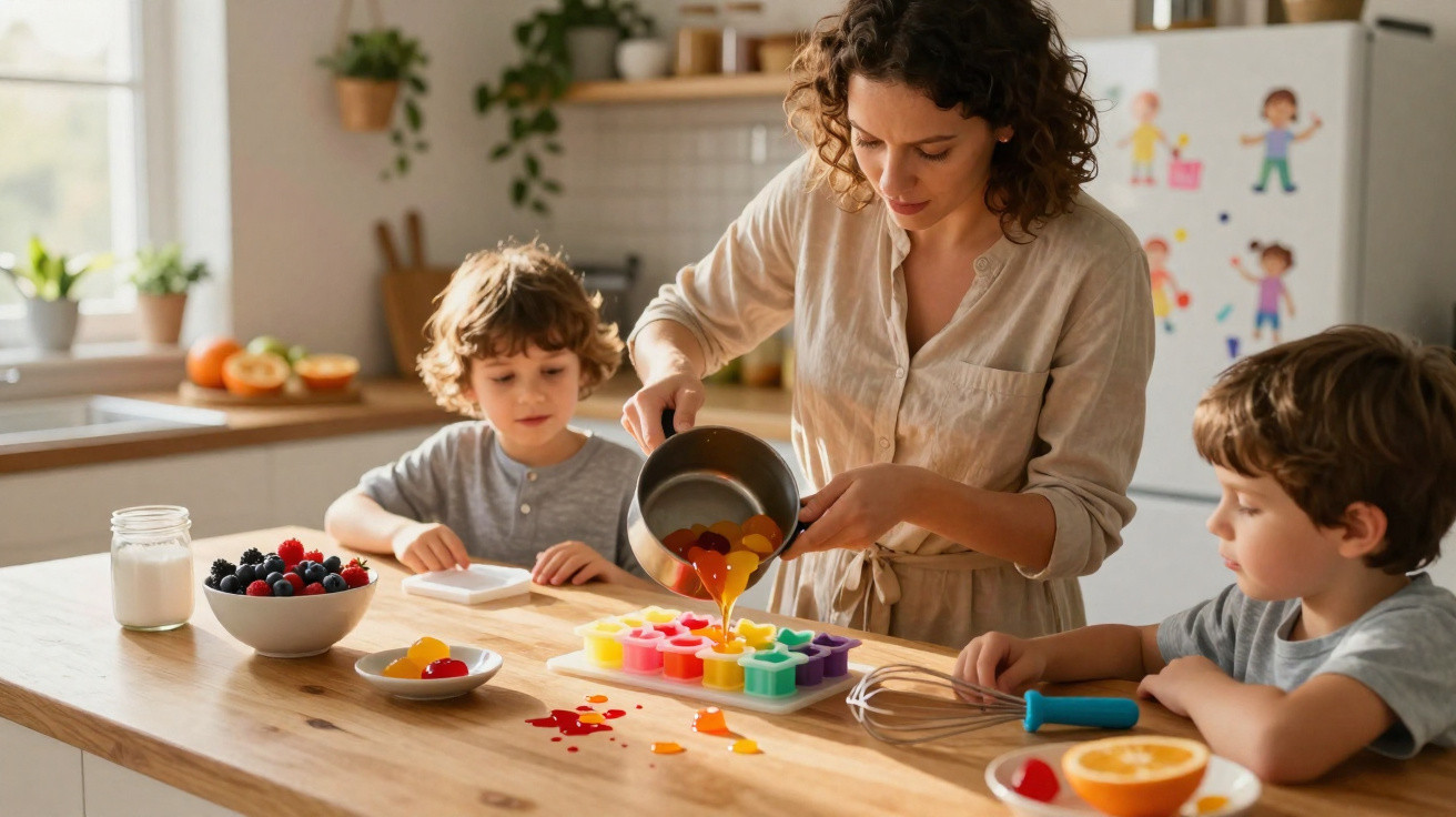 Mulher com duas crianças a fazer gelados coloridos numa cozinha iluminada de manhã.