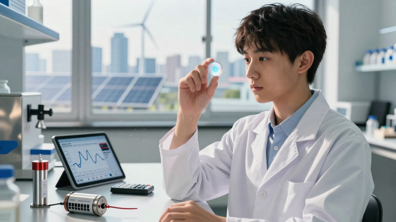 Jovem cientista com bata branca analisa componente tecnológico num laboratório moderno com gráficos no tablet.