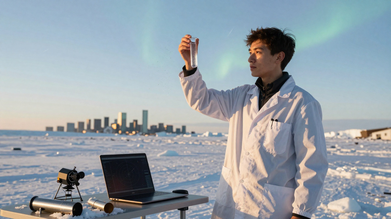 Cientista em bata branca analisa amostra em frasco numa paisagem de neve com equipamentos científicos.