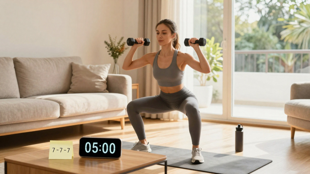 Mulher a fazer agachamento com halteres em sala iluminada, relógio digital marca 5 minutos e nota com treino.