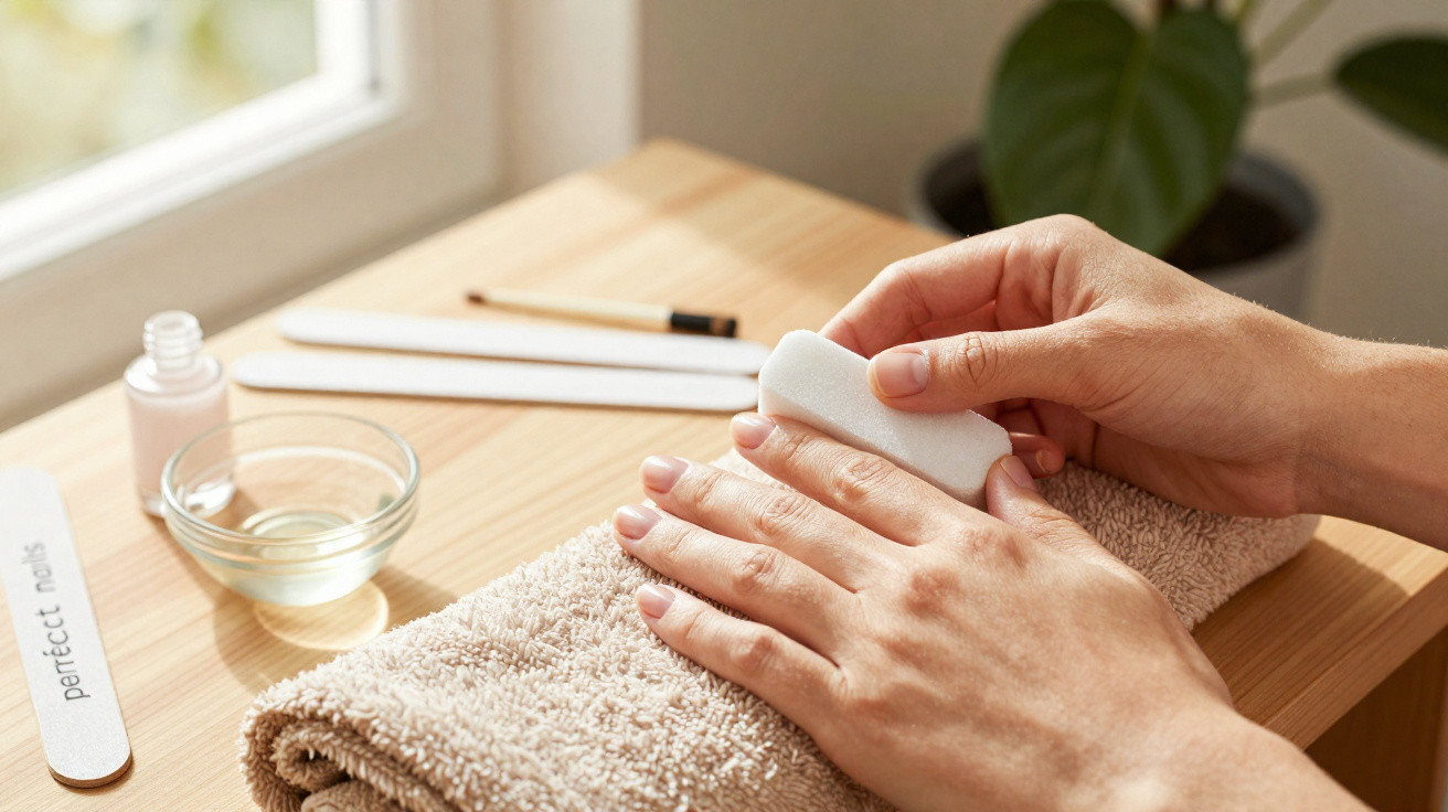 Pessoa a limar unhas numa toalha castanha com utensílios de manicure numa mesa de madeira à luz natural.
