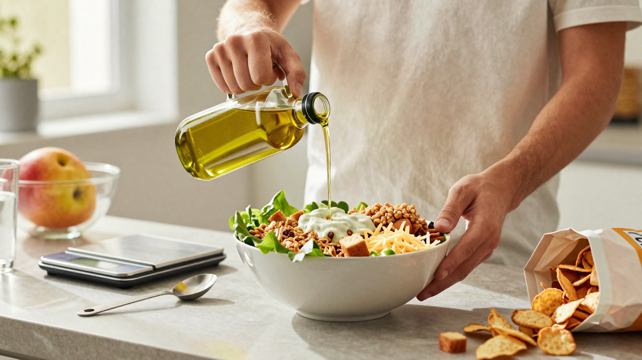 Pessoa a deitar azeite numa salada numa tigela branca numa bancada de cozinha clara.