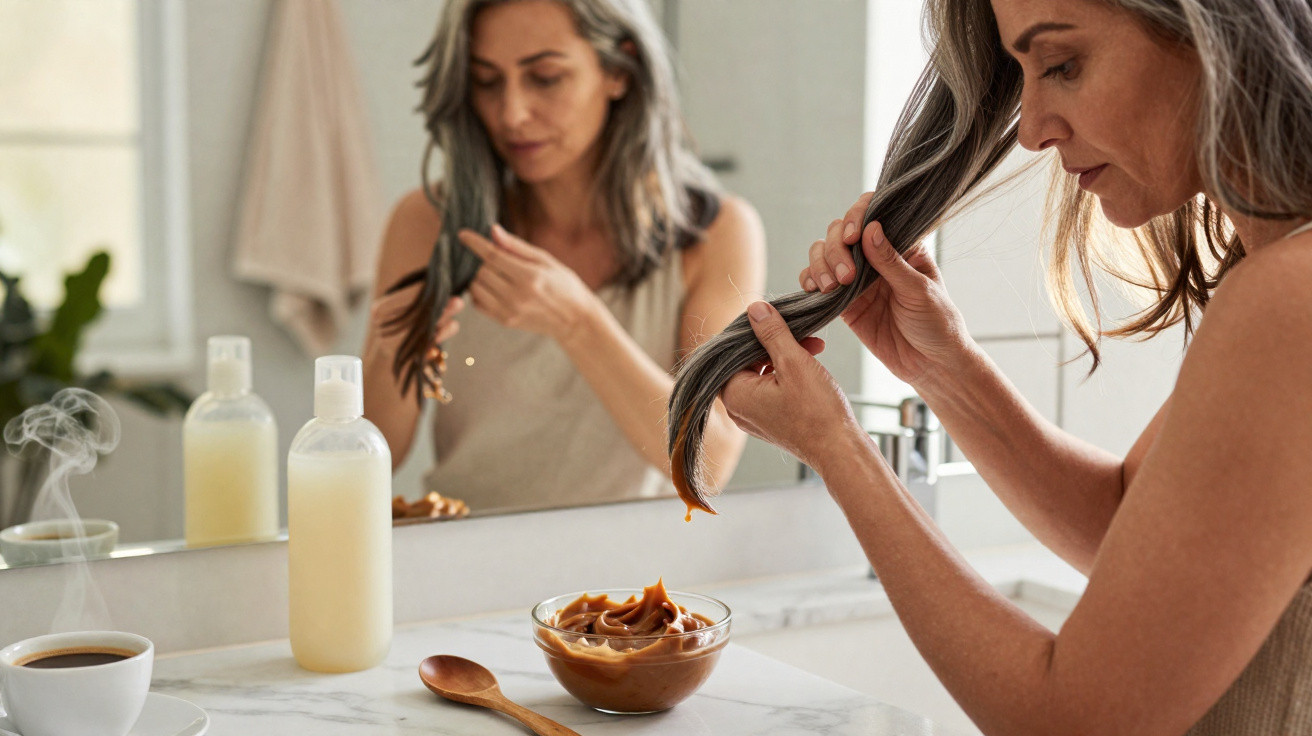 Mulher aplica máscara de cabelo castanho num lavatório, com espelho e chávena de café quente à frente.