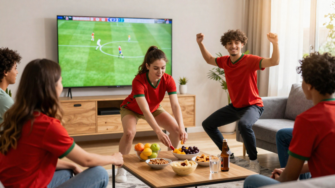 Grupo de amigos a assistir a jogo de futebol na televisão enquanto comem snacks numa sala.