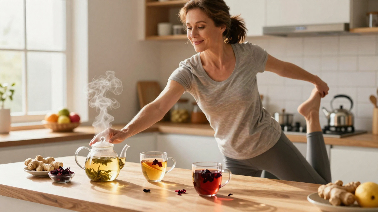 Mulher a esticar na cozinha enquanto pega numa chávena junto a uma chaleira com chá fumegante.