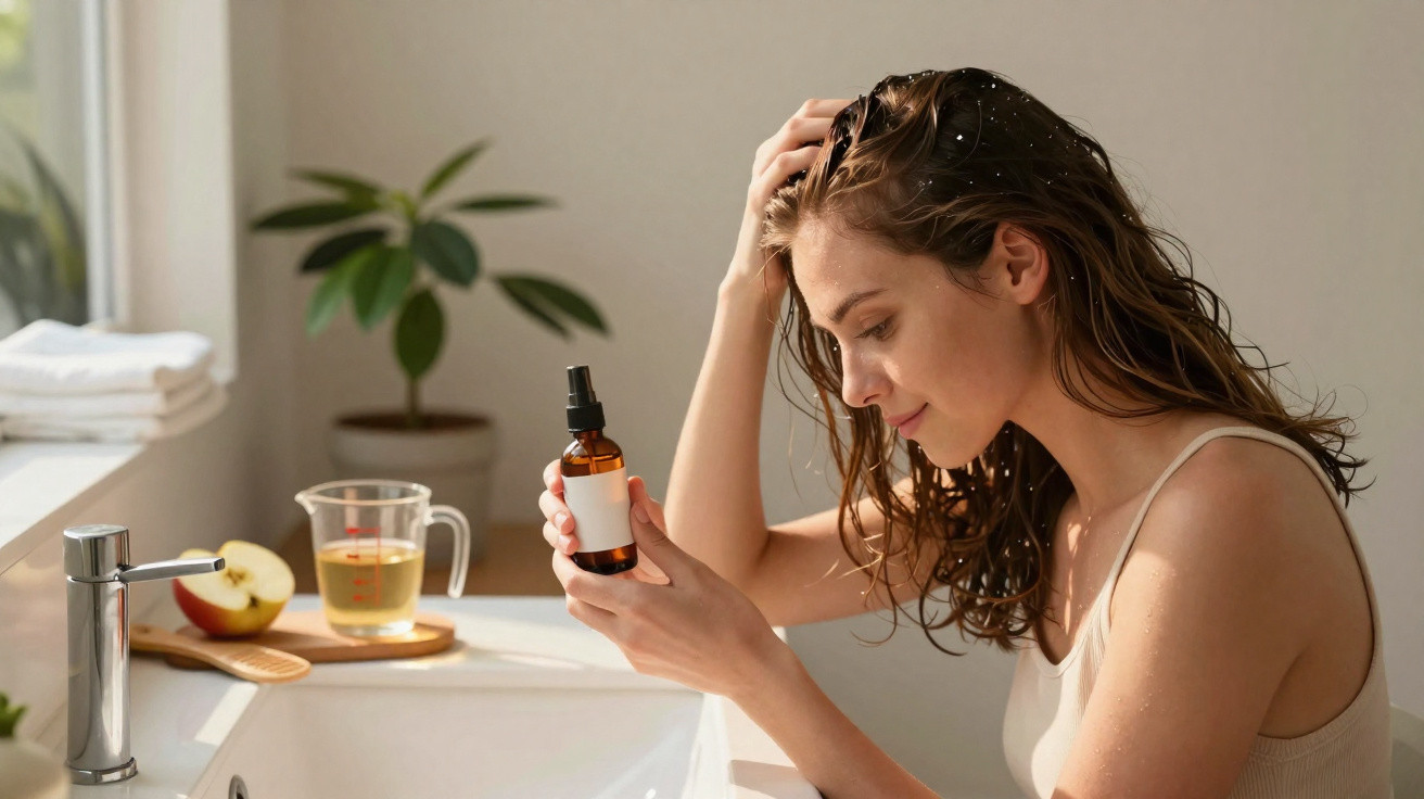 Mulher com cabelo molhado aplica produto capilar em frasco junto à pia de casa iluminada por luz natural.