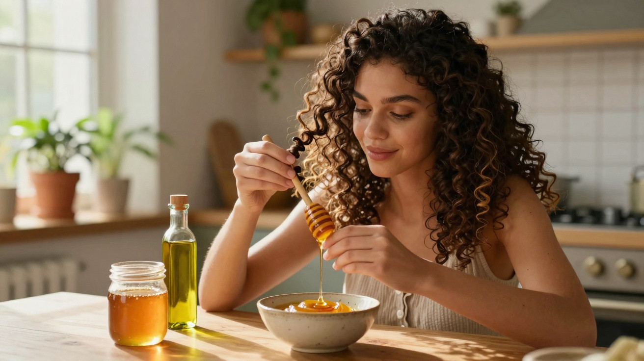 Mulher com cabelo encaracolado a verter mel para uma taça numa cozinha iluminada pela luz natural.