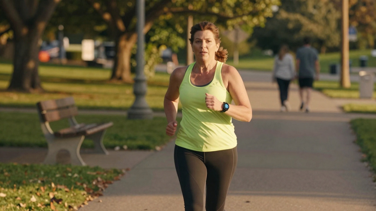 Mulher a correr num parque urbano com roupa desportiva e relógio, ao final da tarde.