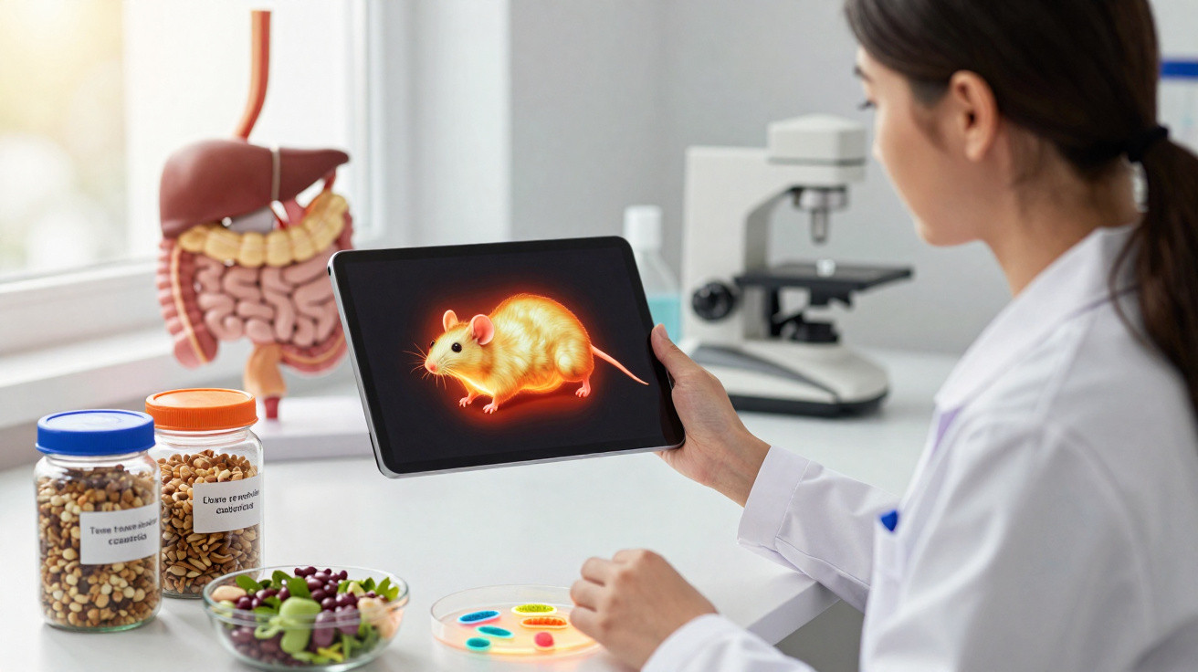 Investigadora em laboratório a analisar imagem digitalizada de rato com órgãos internos evidenciados.
