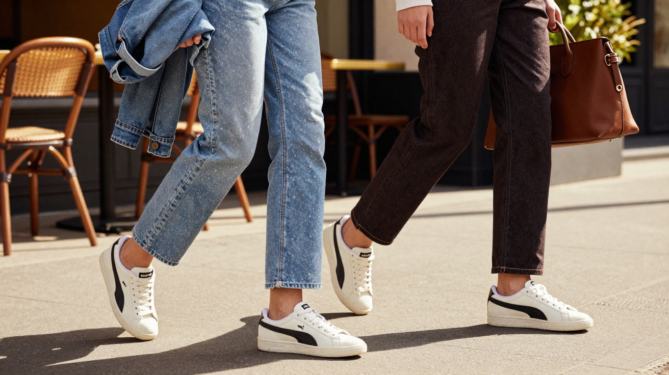 Duas pessoas a caminhar na rua com ténis brancos Puma e roupa casual, incluindo jeans e mala castanha.
