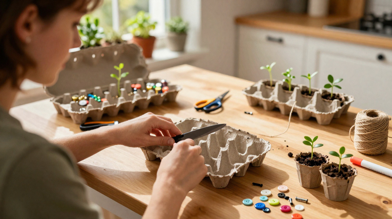 Pessoa a cortar caixa de ovos reciclada para plantar e cultivar pequenas plantas numa mesa de madeira iluminada.