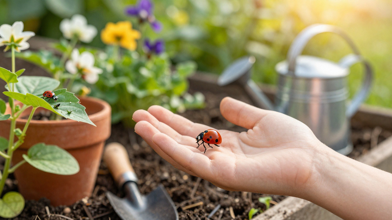 Mão a segurar uma joaninha num jardim com plantas, flores e regador desfocado ao fundo.