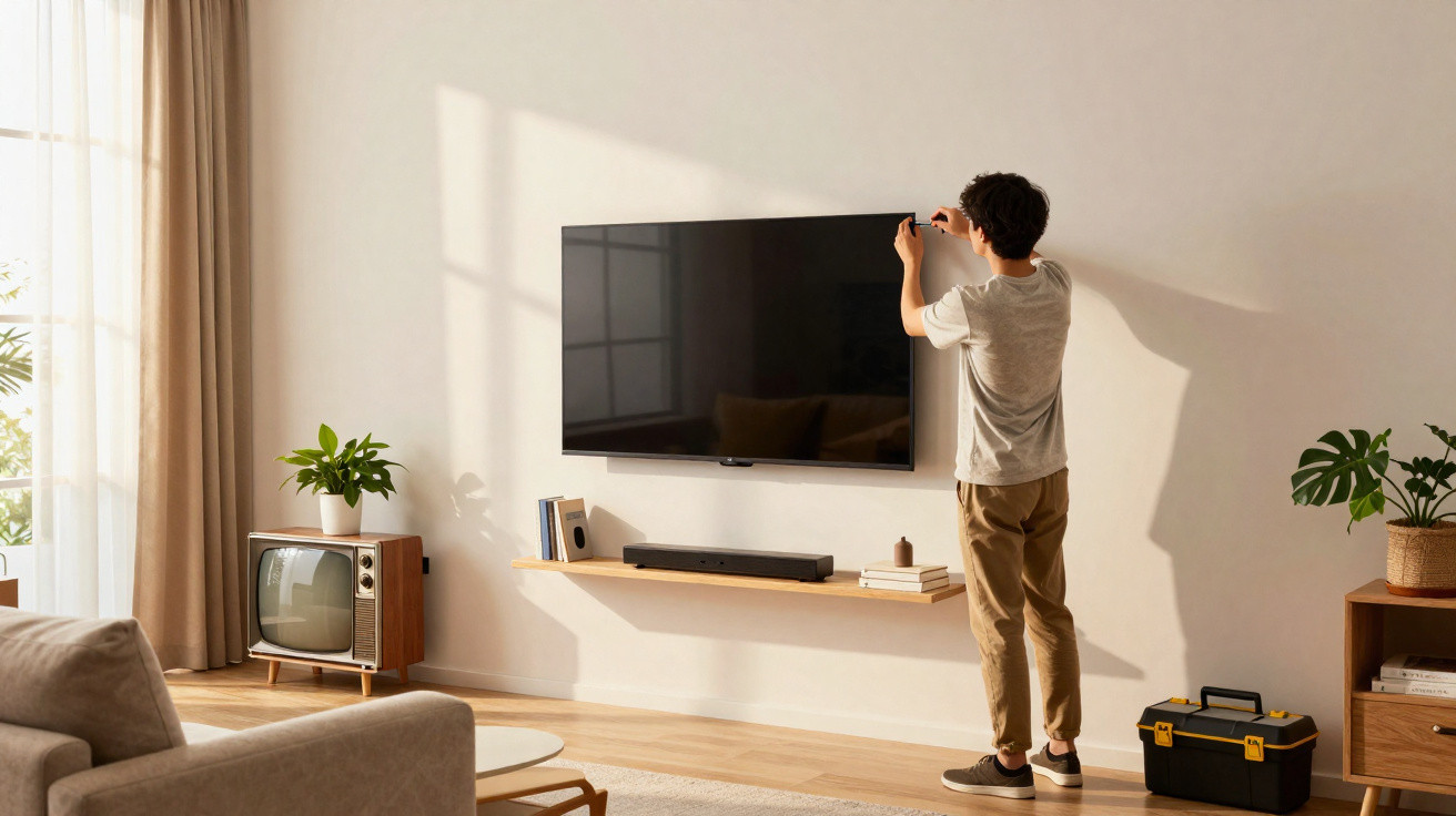 Homem a montar uma televisão de ecrã plano numa sala de estar luminosa e moderna.