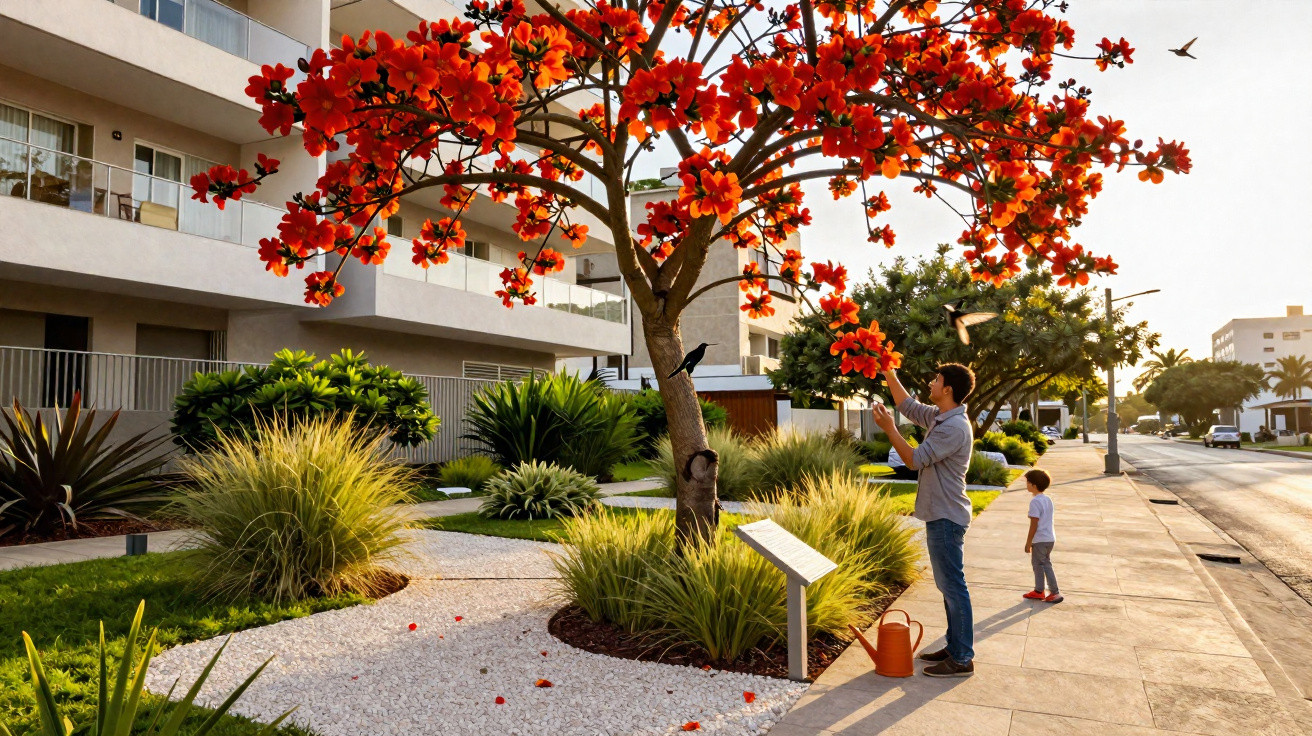 Homem e criança junto a uma árvore florida com flores vermelhas em jardim urbano moderno ao pôr do sol.
