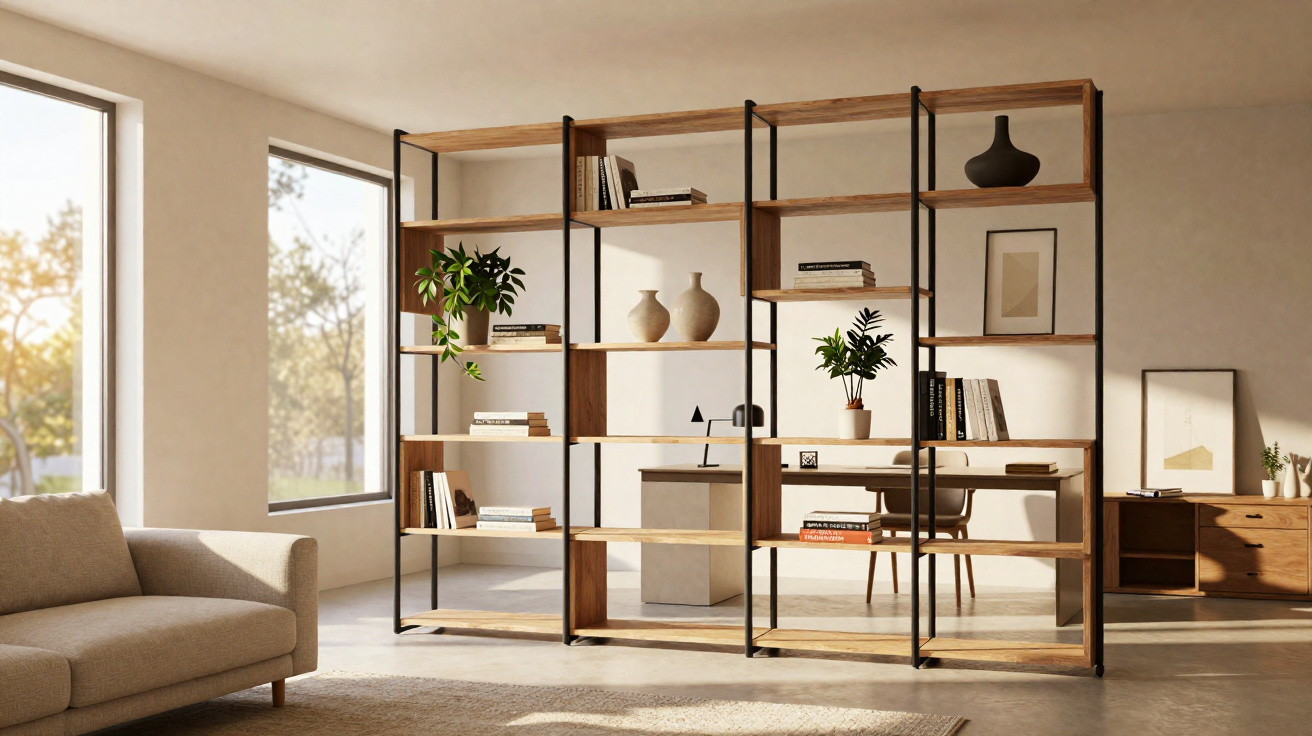 Estante de madeira e metal com livros, plantas e objetos decorativos numa sala iluminada e moderna.