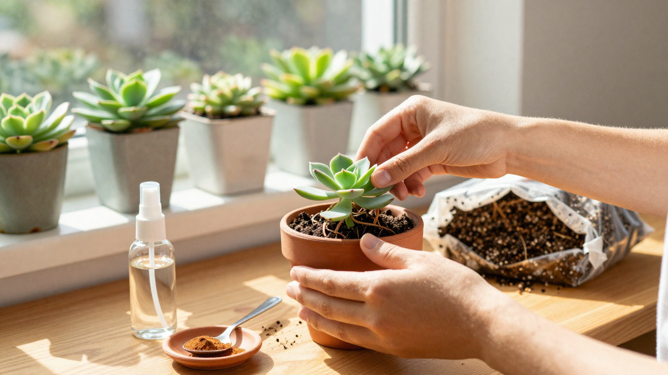 Mãos a cuidar de suculenta num vaso, com mais plantas, terra e spray numa janela ensolarada.