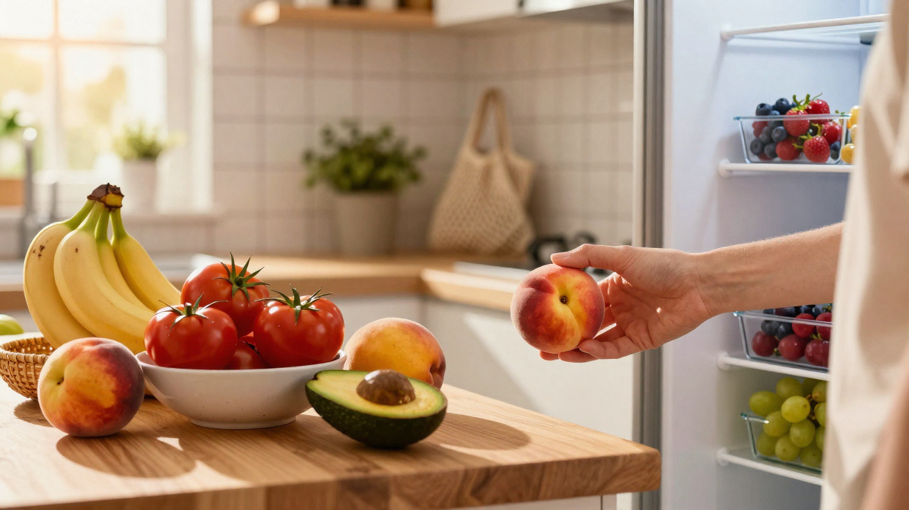 Fruta fresca sobre balcão de cozinha, incluindo bananas, tomates, pêssegos e abacate, com mão a pegar pêssego.