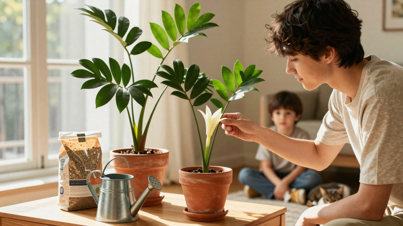 Pessoa a cuidar de plantas em vasos numa mesa com criança sentada ao fundo numa sala iluminada.