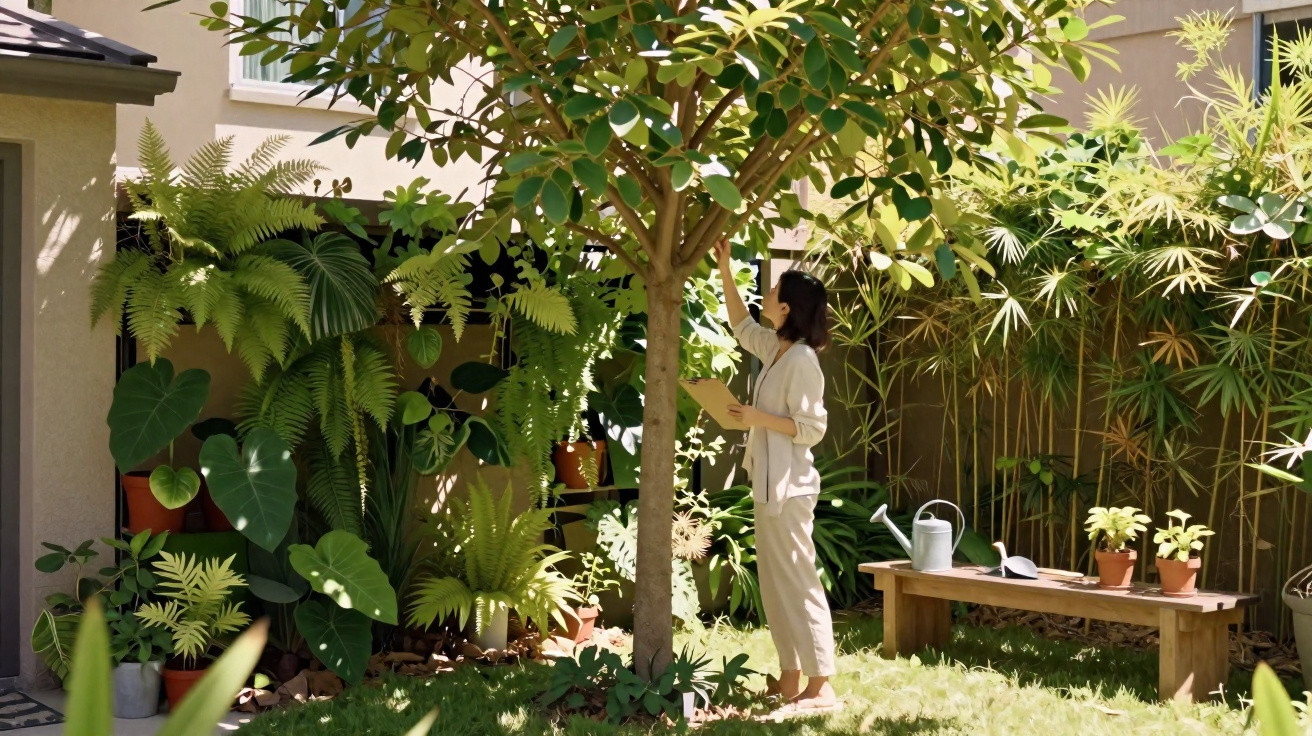 Mulher a cuidar de plantas num jardim soalheiro com várias flores e árvores verdes.