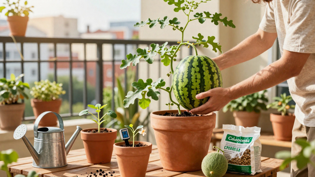 Pessoa a retirar melancia de vaso num terraço com várias plantas e utensílios de jardinagem.