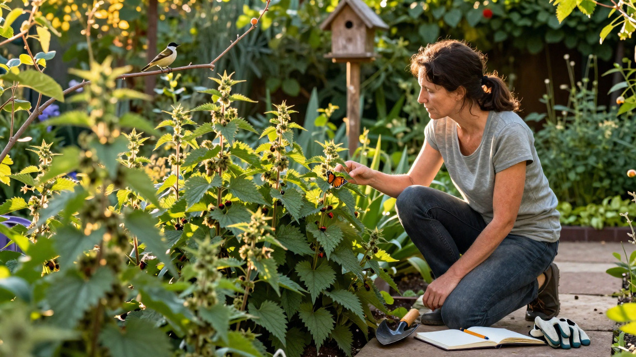 Mulher de joelhos a observar borboleta num jardim com plantas e pássaro num ramo.