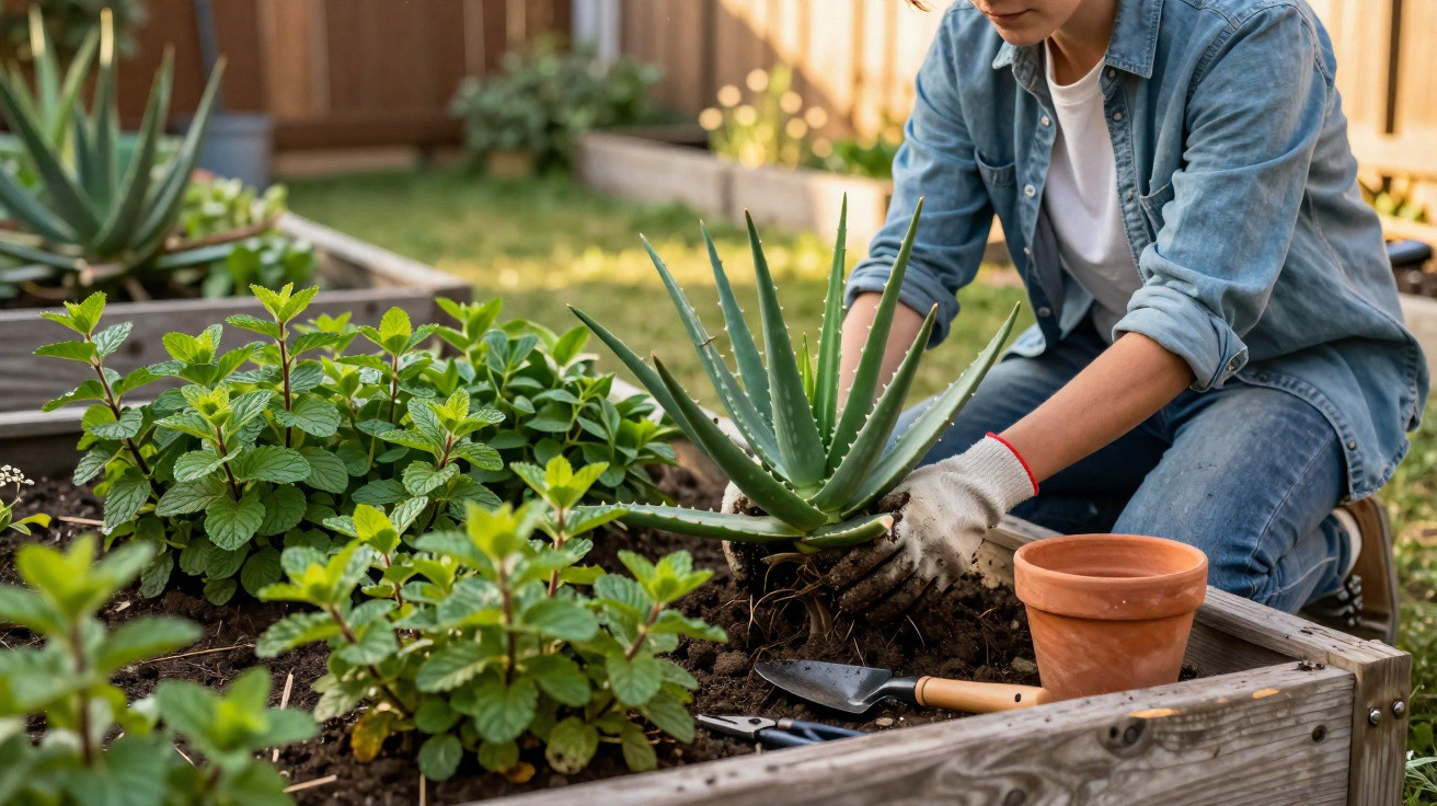 Pessoa a plantar aloé vera numa cama elevada de jardim com outras ervas aromáticas e ferramentas.