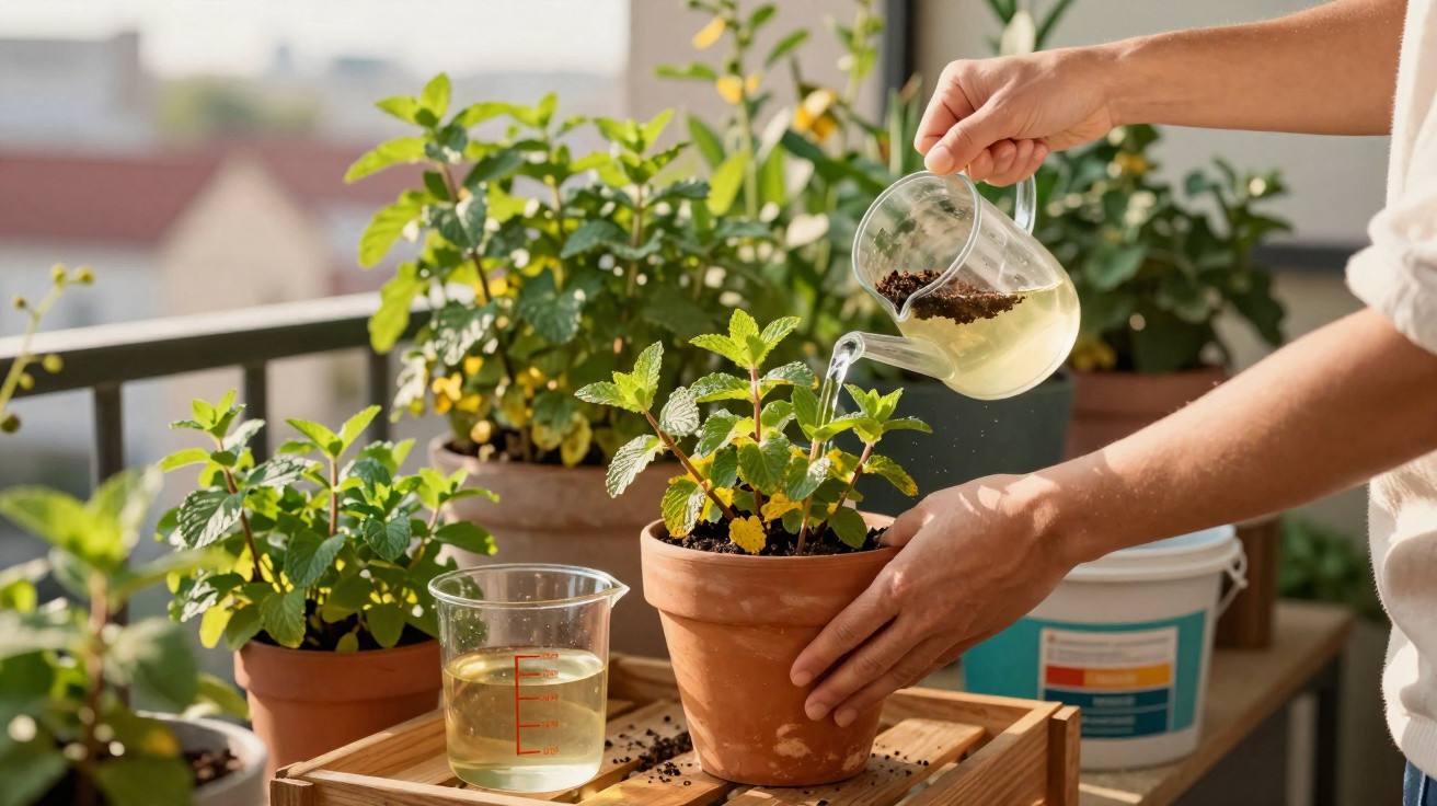 Pessoa a regar planta aromática em vaso de barro numa varanda ensolarada.