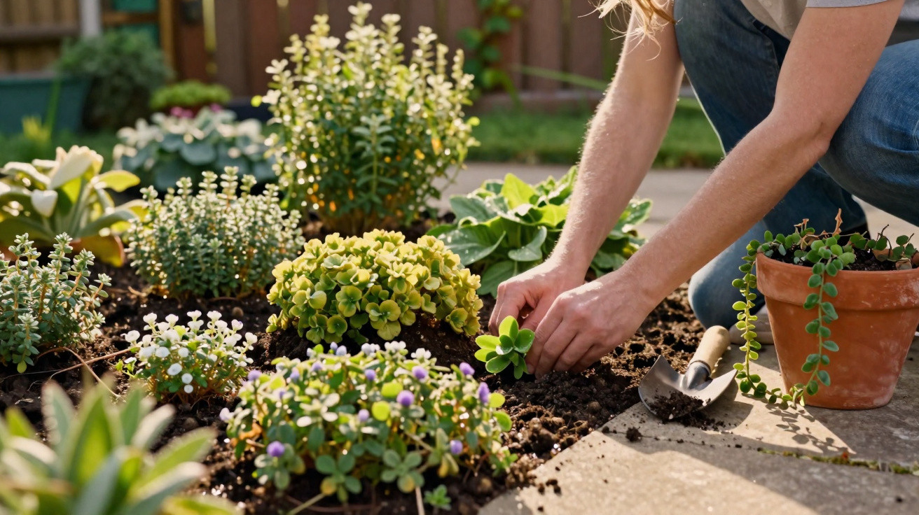 Pessoa a plantar suculentas num jardim com várias plantas e vaso de barro ao lado.