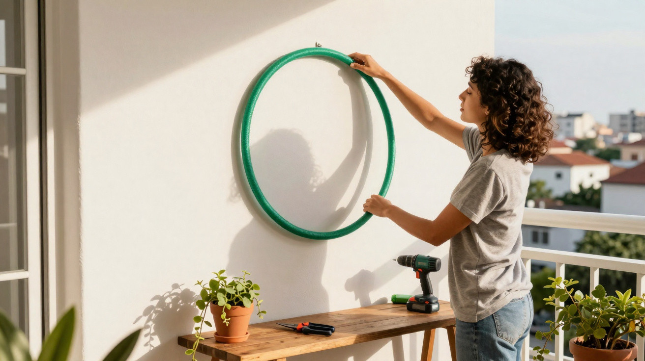 Mulher pendura uma mangueira verde numa parede branca numa varanda com ferramentas e plantas ao redor.