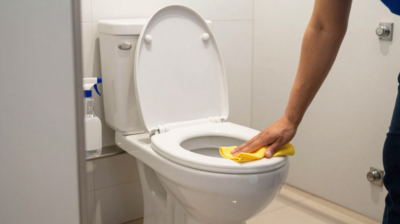 Pessoa a limpar assento da sanita com pano amarelo numa casa de banho branca.