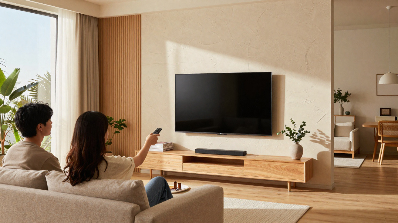 Casal sentado no sofá a ver televisão numa sala de estar moderna e iluminada com móveis em madeira clara.