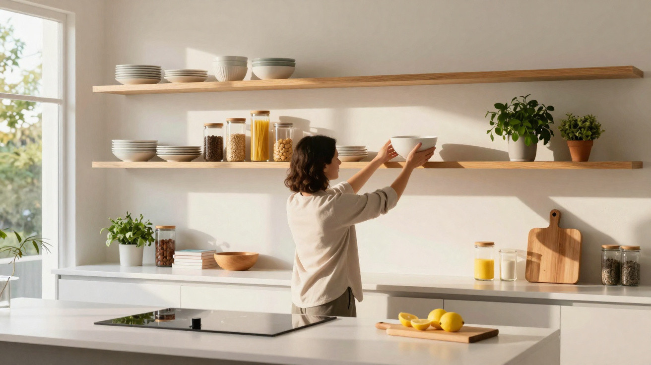 Mulher organiza taça em cozinha moderna com prateleiras de madeira, plantas e legumes sobre bancada branca.