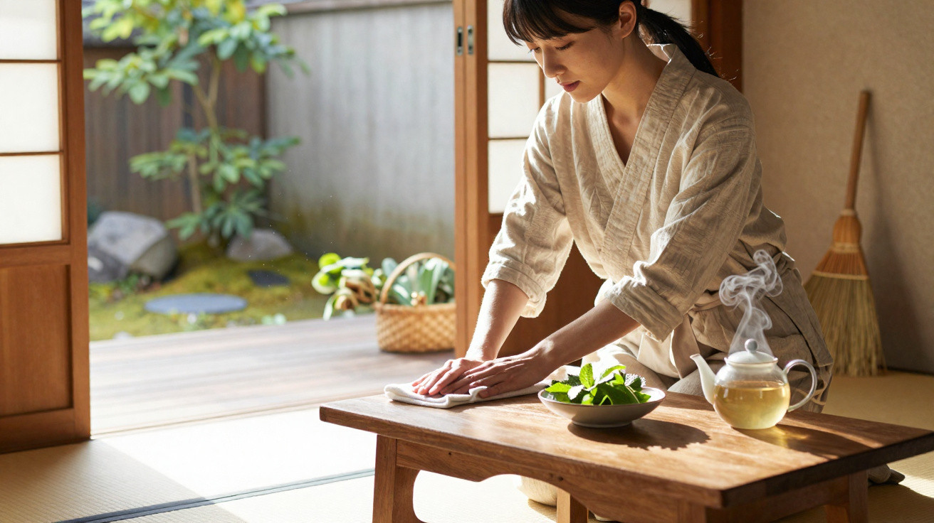 Mulher a limpar uma mesa de madeira numa sala tradicional japonesa com chá quente e plantas.