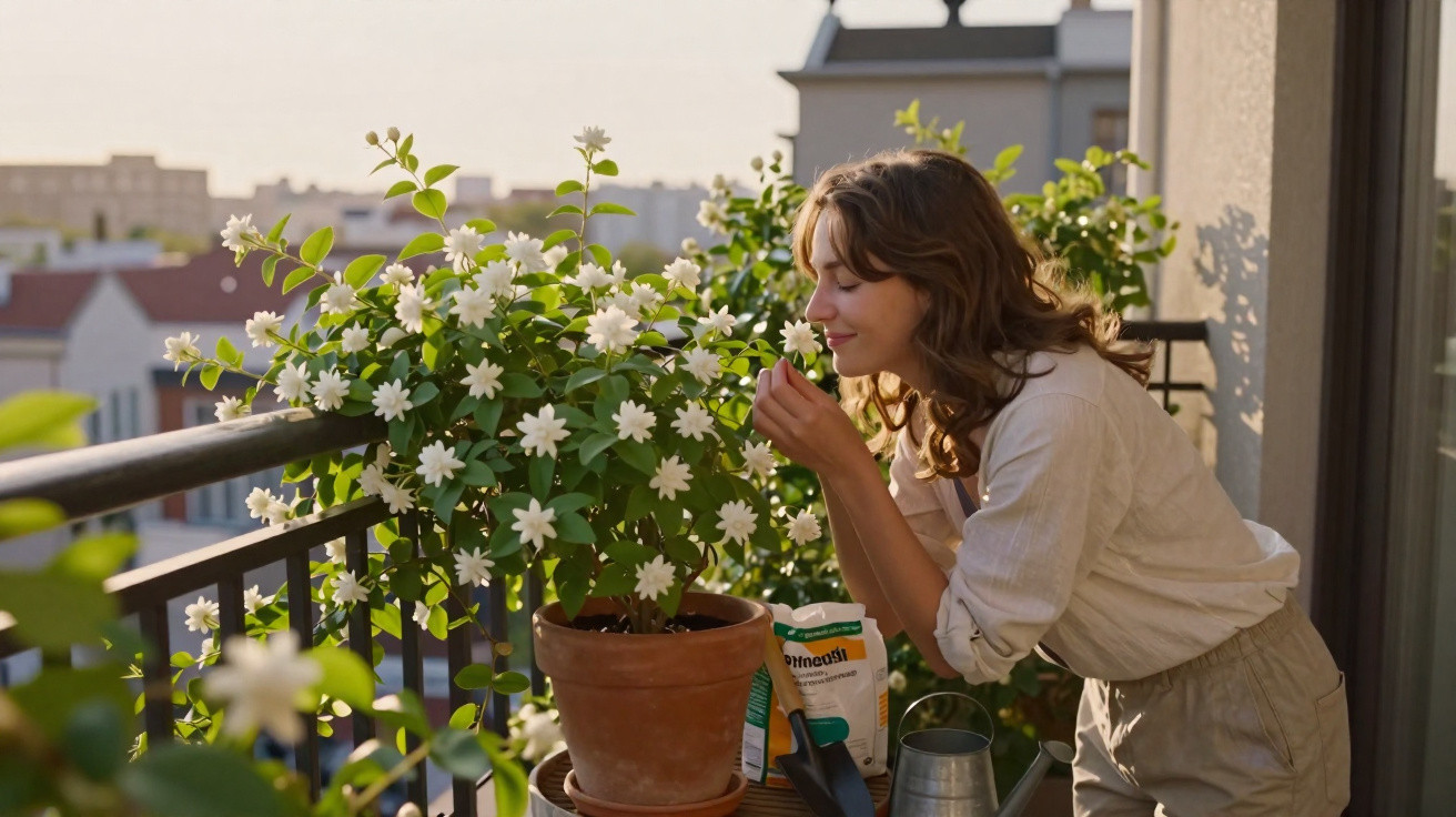 Mulher a cheirar flores brancas num vaso num varandim durante o pôr do sol.