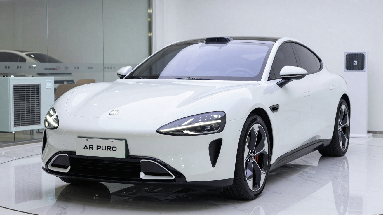 Carro elétrico desportivo branco estacionado em interior moderno com chão refletor.