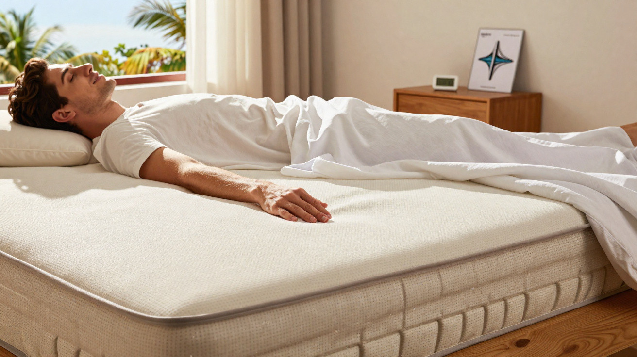 Homem deitado numa cama com colchão confortável, coberto por lençol branco num quarto iluminado.
