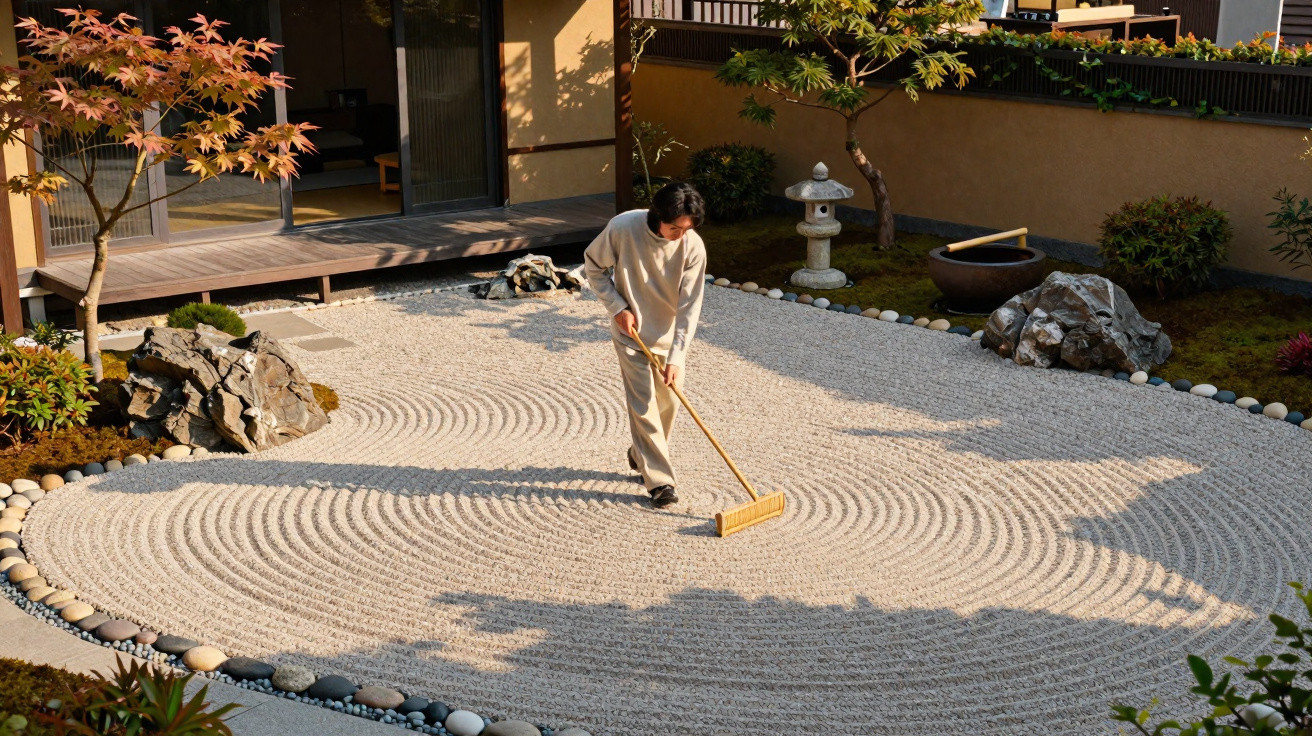 Pessoa a criar padrões de areia num jardim zen tradicional japonês com árvores e pedras decorativas.