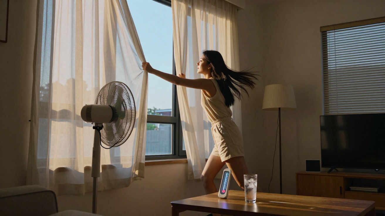 Mulher abre cortinas para luz natural numa sala iluminada com ventilador e copo de água na mesa.