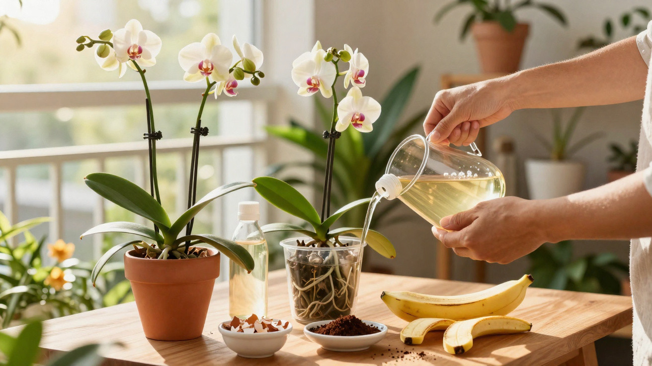 Pessoa a regar orquídeas brancas em vasos com líquido, rodeada por bananas e cascas.