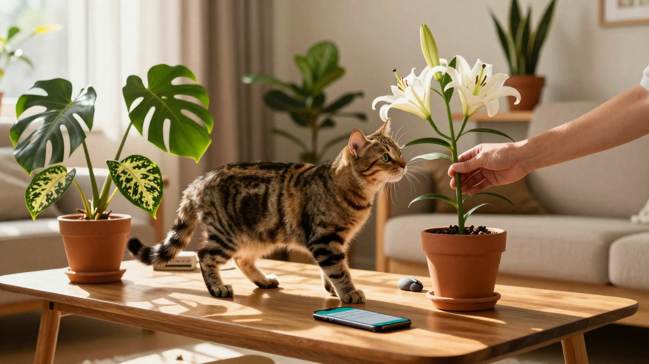Gato tigrado a cheirar lírio branco numa mesa de madeira numa sala iluminada com plantas e sofá ao fundo.