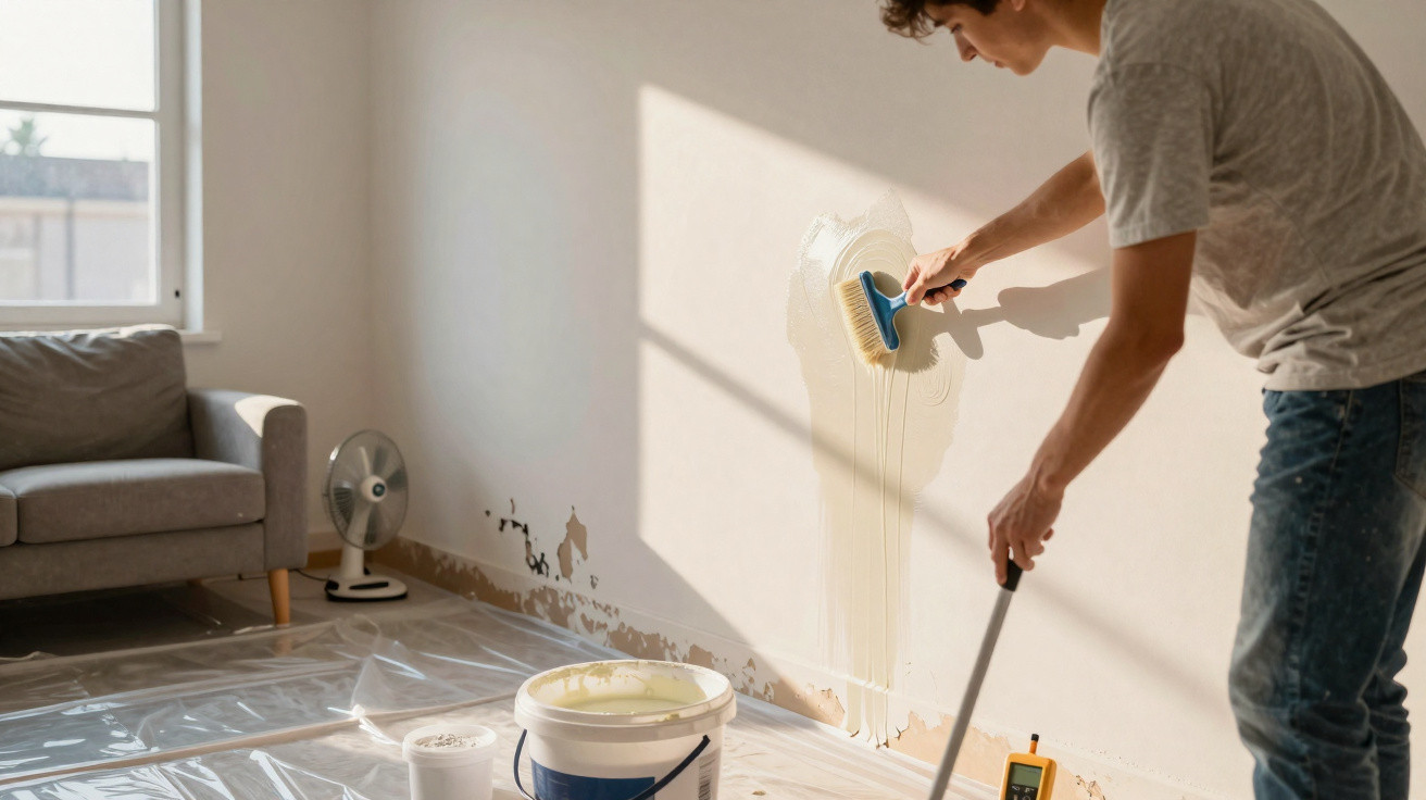 Pessoa a aplicar massa para reparar parede danificada numa sala com sofá e ventoinha.