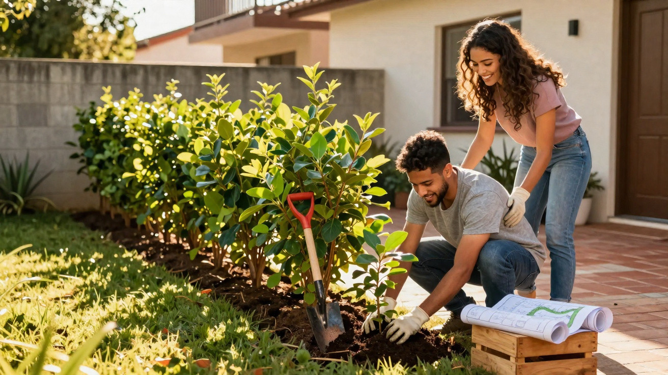 Casal jovem a plantar arbustos em jardim junto a casa, com pá e plantas, em dia ensolarado.