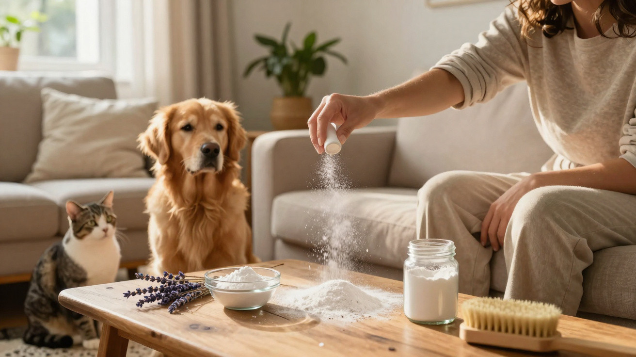 Pessoa a polvilhar bicarbonato numa mesa, com um cão e um gato a observar sentados numa sala iluminada.